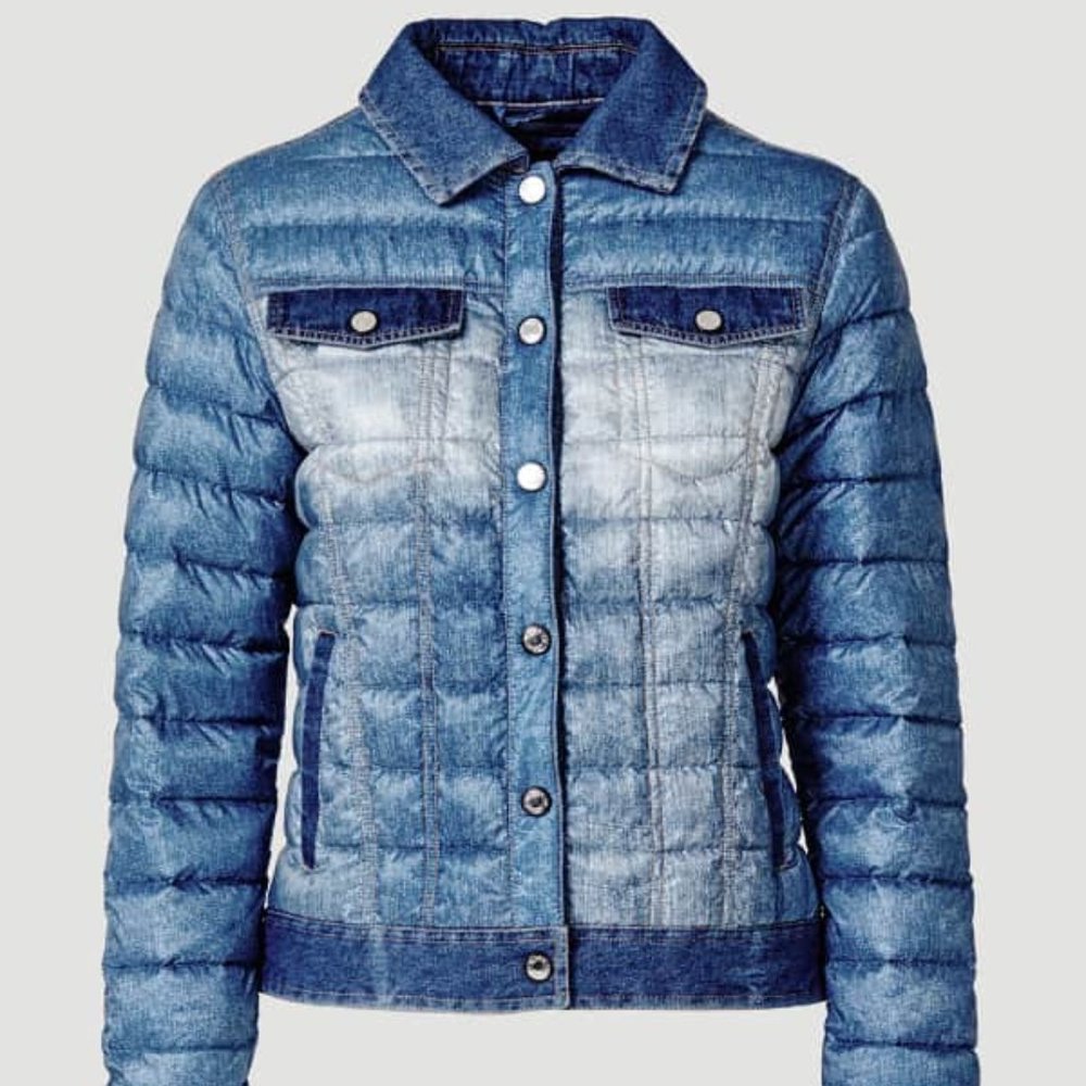 GUESS Los Angeles Down Jacket Denim Puffer Jacket with trimmed real denim